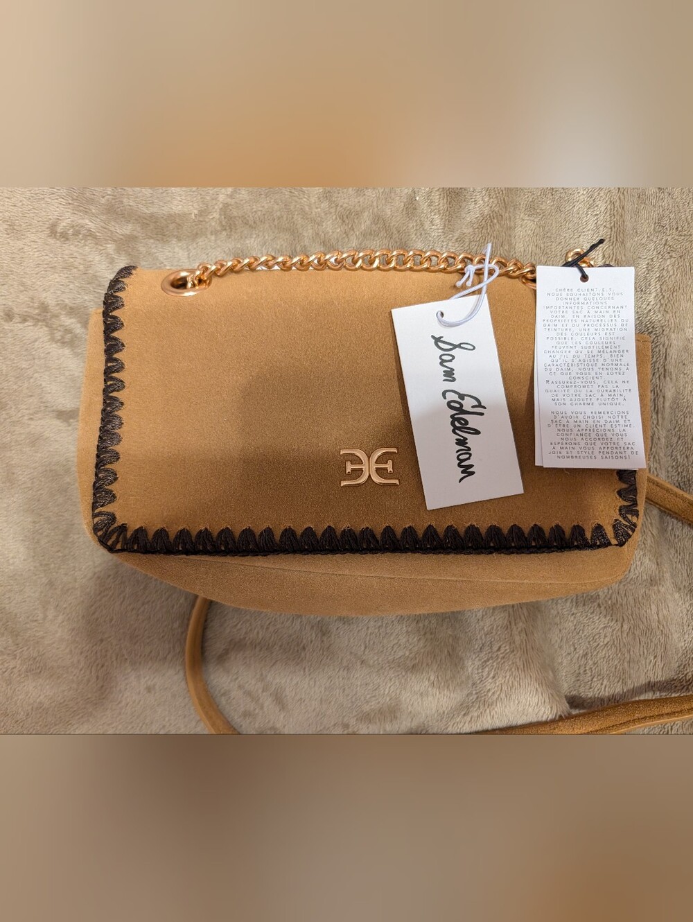 Sam Edelman Tan Suede Gold Chain-Accent Crossbody Bag
